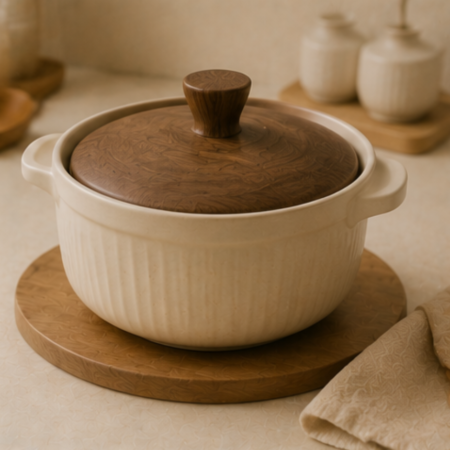 Creative "Wellness" Clay Pot with Wooden-Style Lid